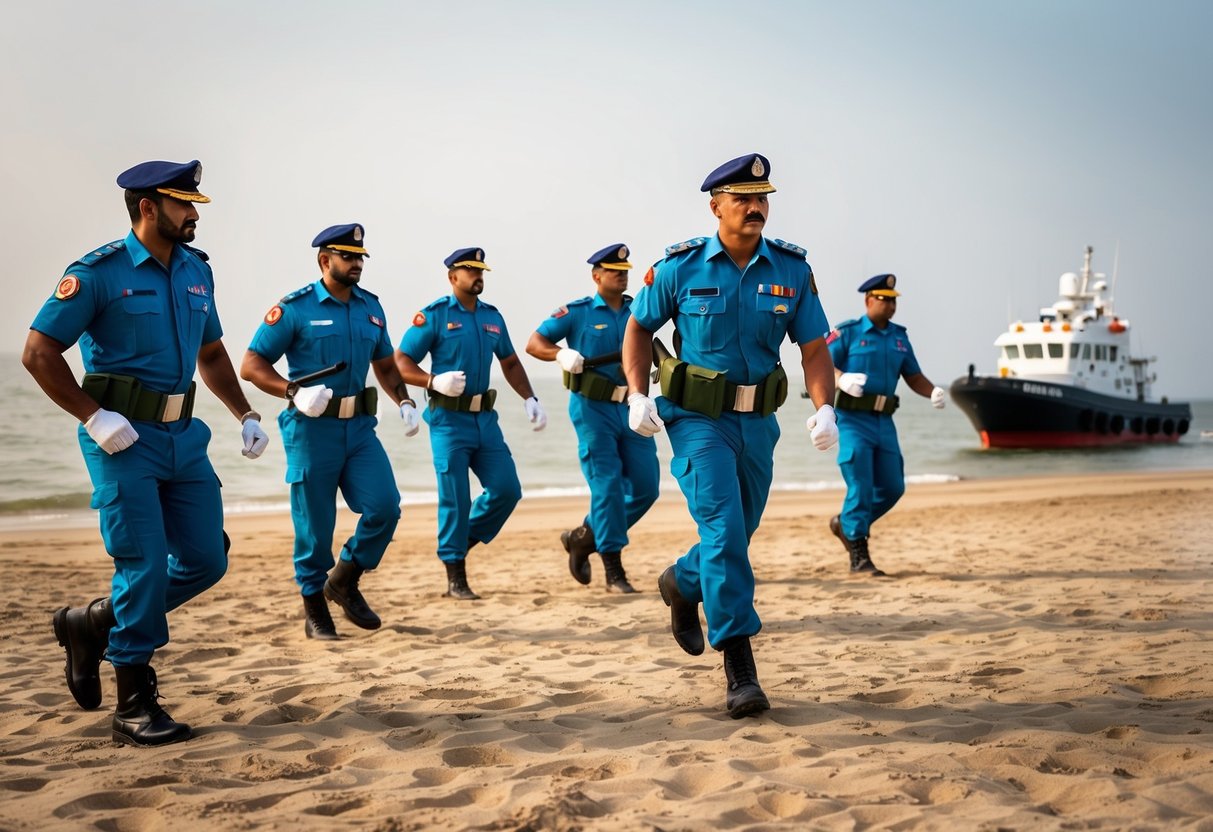 A group of Indian Coast Guard recruits undergo training exercises on a sandy beach, with a patrol boat visible in the background