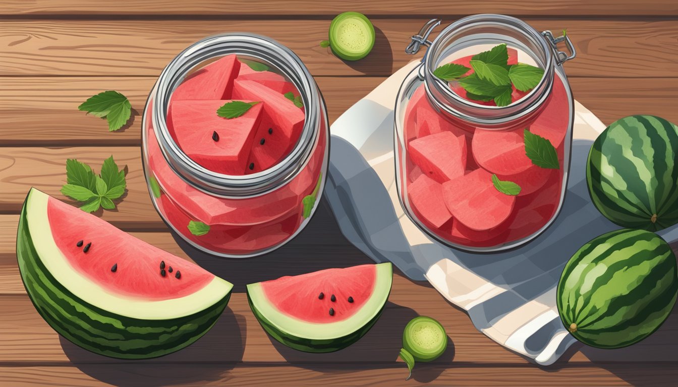 A jar of watermelon pickles sits on a rustic wooden table, surrounded by fresh watermelon slices and a bowl of pickling spices