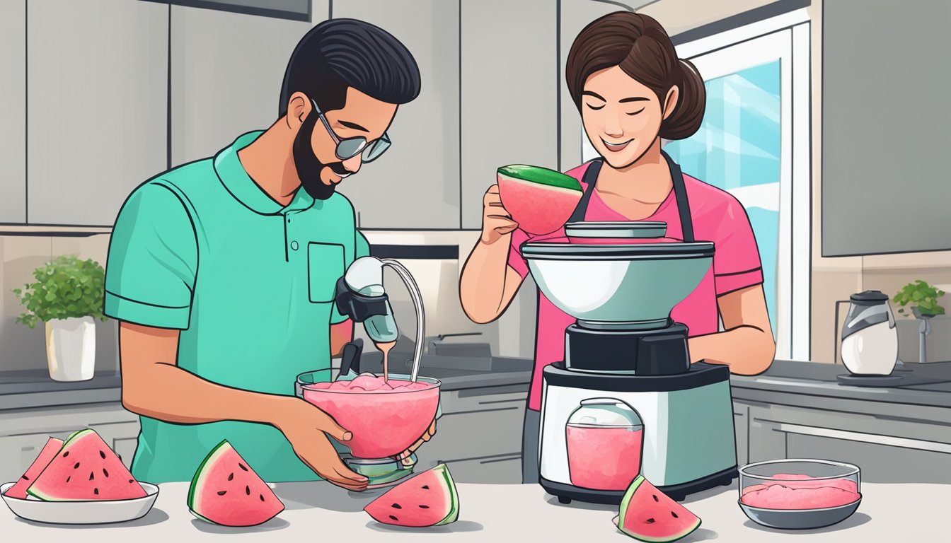 A person pouring watermelon sherbet mixture into an ice cream maker