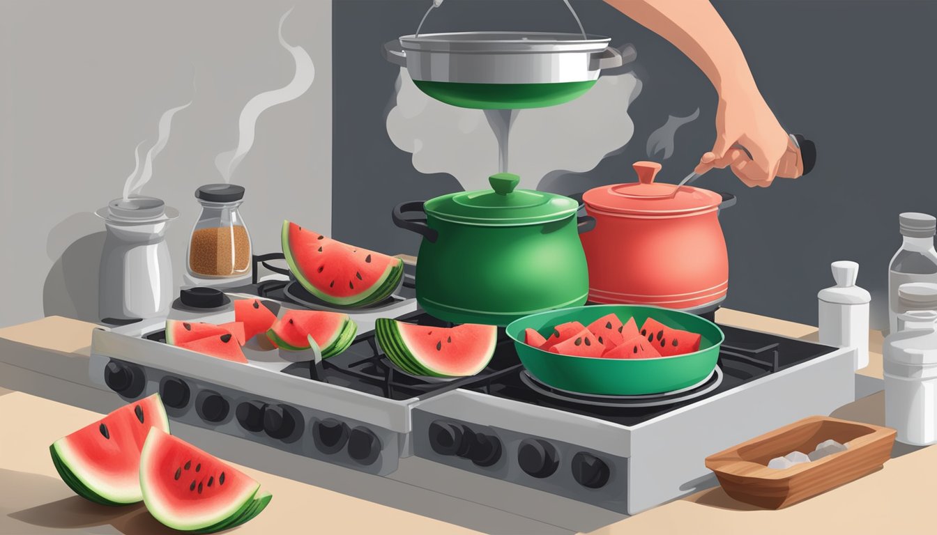 A hand pouring vinegar into a pot of watermelon chunks and spices on a stove