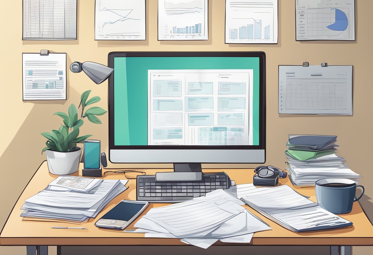 A desk cluttered with paperwork, a computer, and a phone. A whiteboard with charts and schedules. A busy office environment with a sense of organization and productivity