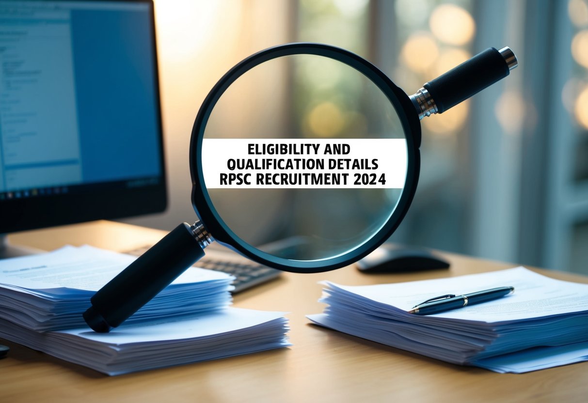 A desk with a computer, stack of papers, and a pen. A magnifying glass highlighting "Eligibility and Qualification Details RPSC Recruitment 2024" at the center