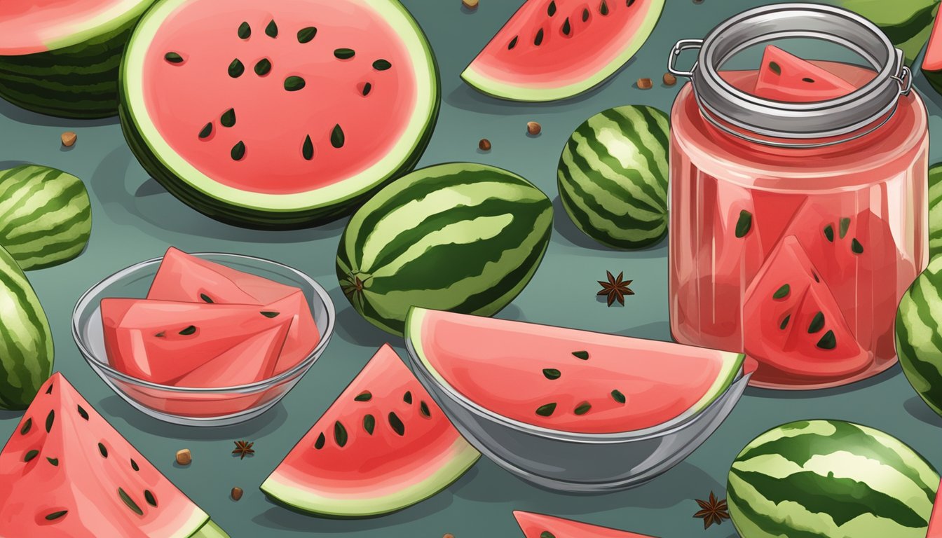 A glass jar filled with watermelon pickles next to a sliced watermelon and a bowl of sugar and spices