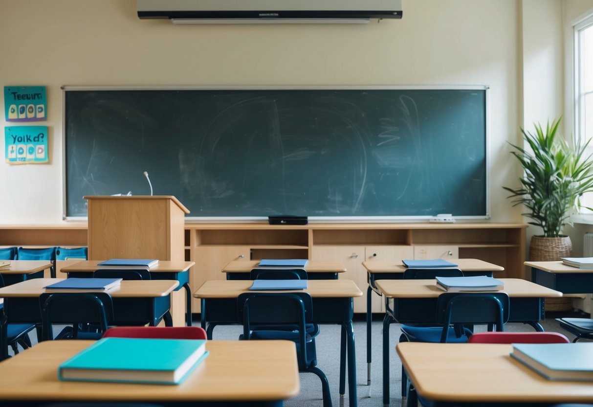 A classroom setting with a chalkboard, desks, and books, with a teacher's desk at the front