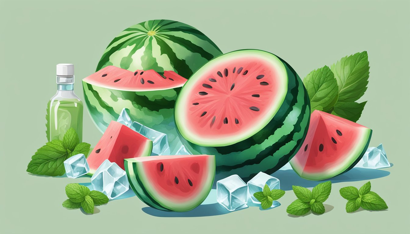 A juicy watermelon being sliced open with a bottle of vodka nearby, surrounded by fresh mint leaves and ice cubes