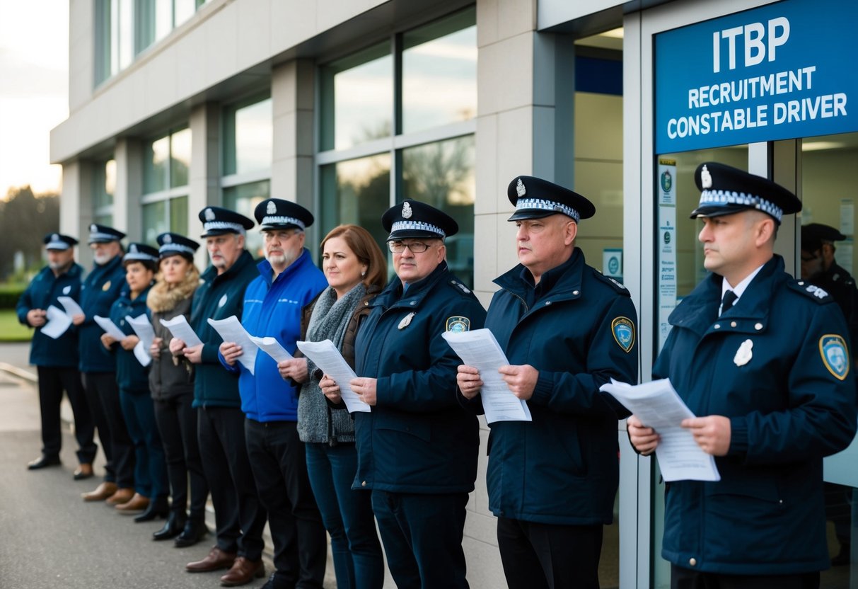 A line of hopeful applicants waits outside the ITBP recruitment office, clutching their application forms and eagerly discussing the Constable Driver position