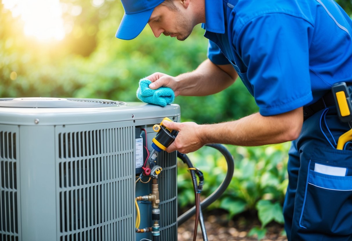 A technician performing routine maintenance on an HVAC unit, inspecting and cleaning components to ensure optimal performance and longevity