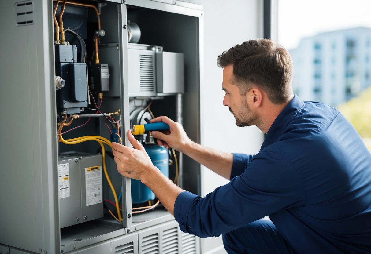 A technician performing routine maintenance on an HVAC system, inspecting and cleaning components to ensure longevity and efficiency