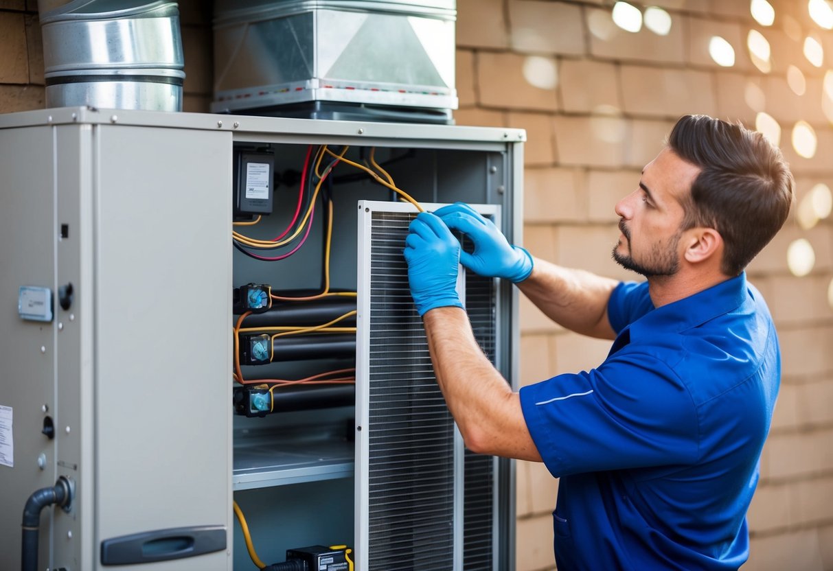 A technician performing routine maintenance on an HVAC system, checking filters, cleaning coils, and inspecting components for signs of wear and tear