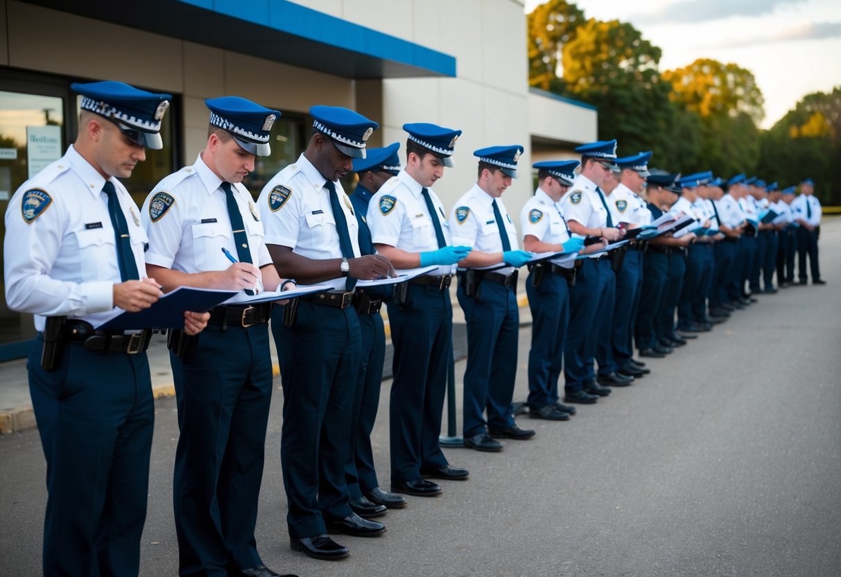 A group of candidates line up outside a police recruitment center, filling out application forms and submitting documents