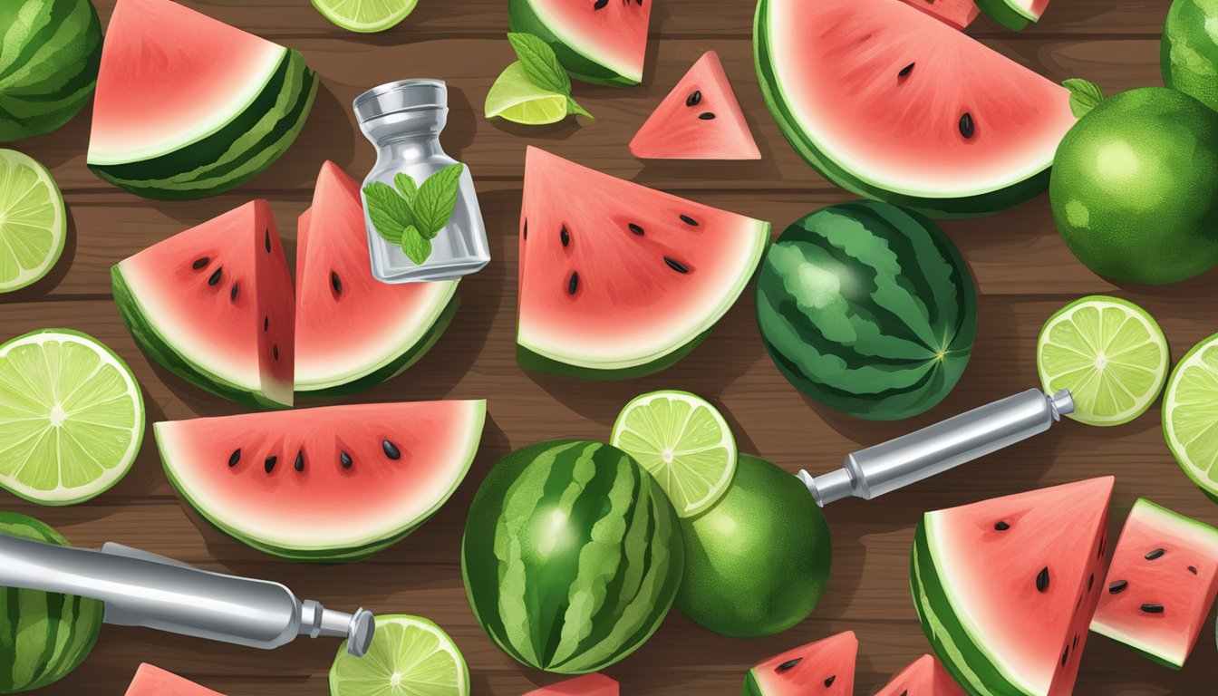 Fresh watermelon, mint leaves, lime slices, and ice cubes arranged on a wooden table with a cocktail shaker and muddler