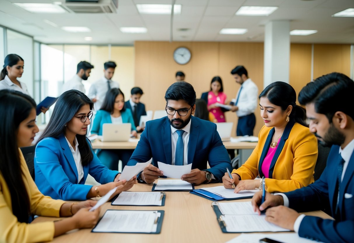 A bustling office with diverse individuals applying for various positions at the Aadhar Card Department, with recruiters conducting interviews and reviewing documents