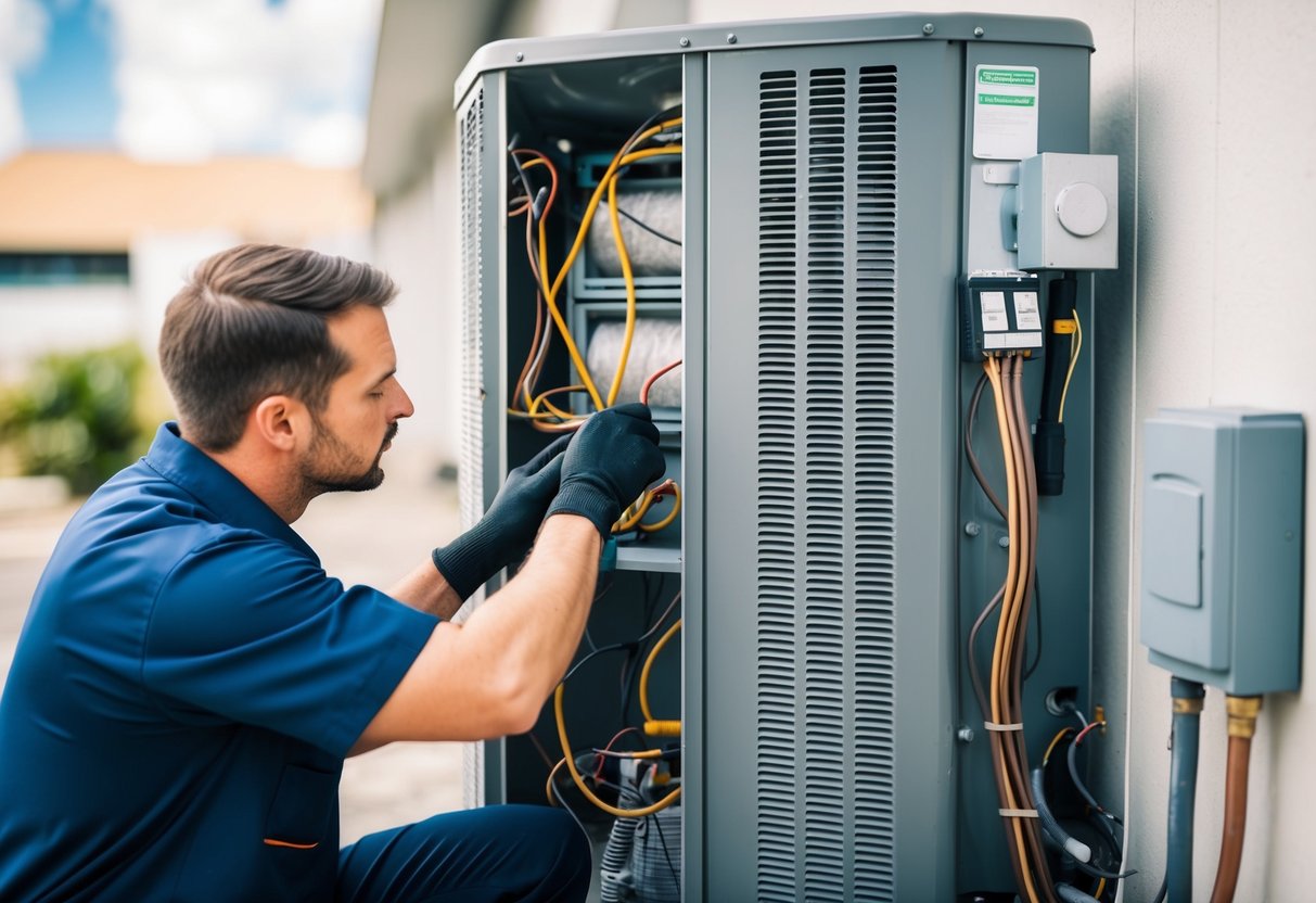 An HVAC technician performing routine maintenance on a commercial HVAC unit, checking filters, cleaning coils, and inspecting electrical components