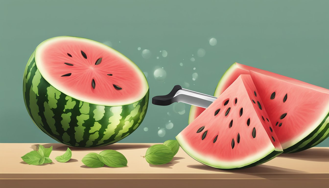 A watermelon being cut open with a hollow center ready for vodka infusion