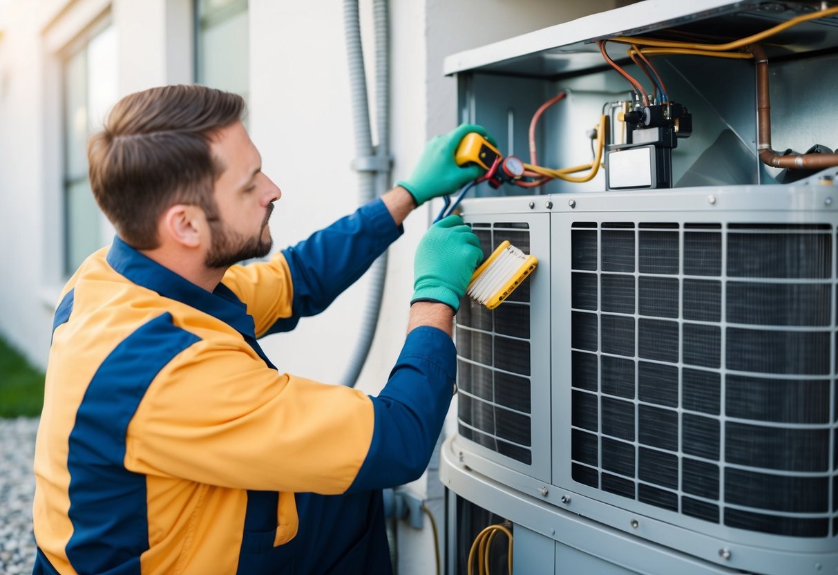 A technician performing routine maintenance on an HVAC unit, checking filters, cleaning coils, and inspecting components for wear and tear