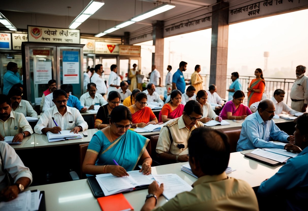 A bustling Delhi Post Office with people applying for various positions