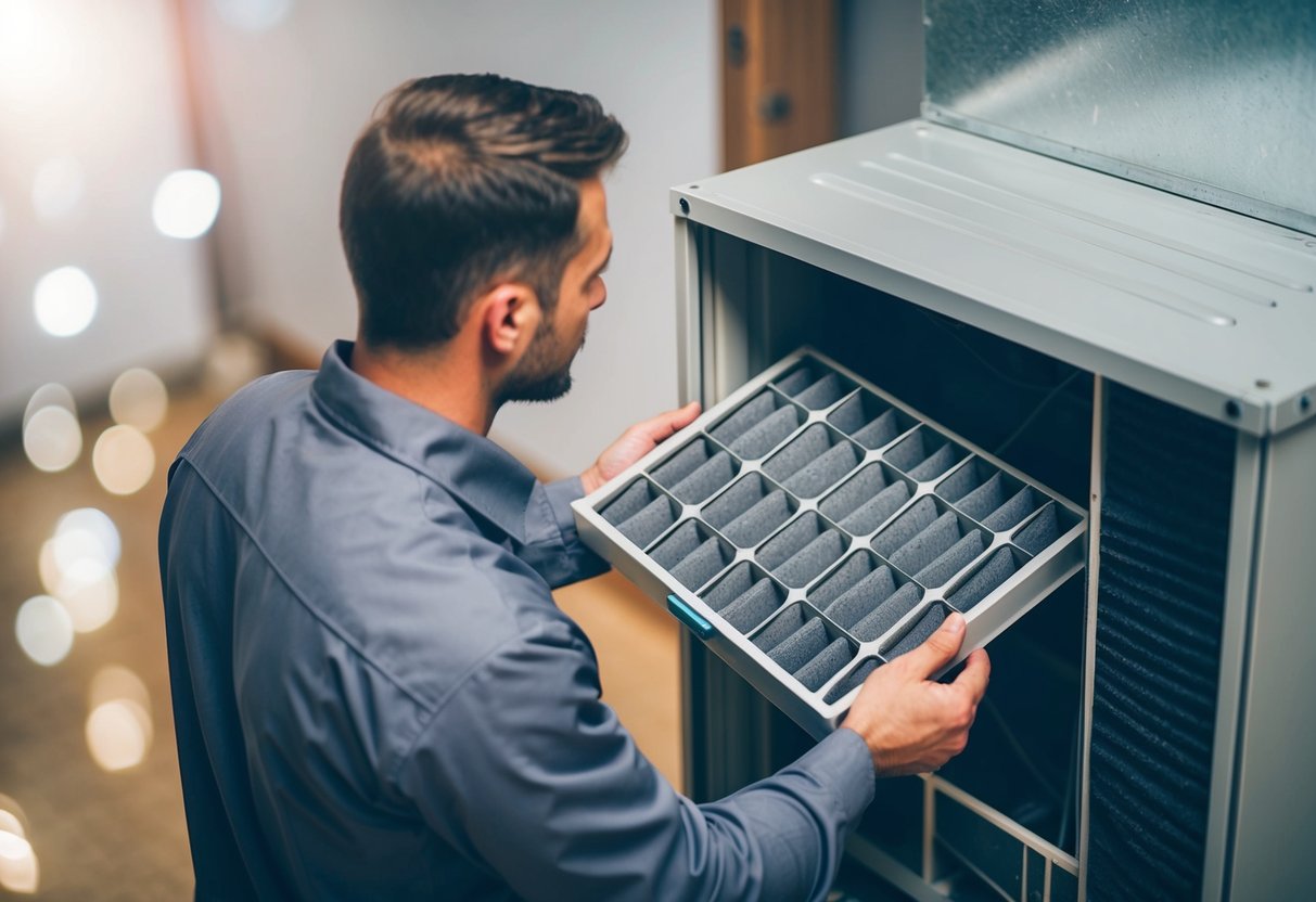 A technician replacing a dirty air filter in an HVAC system