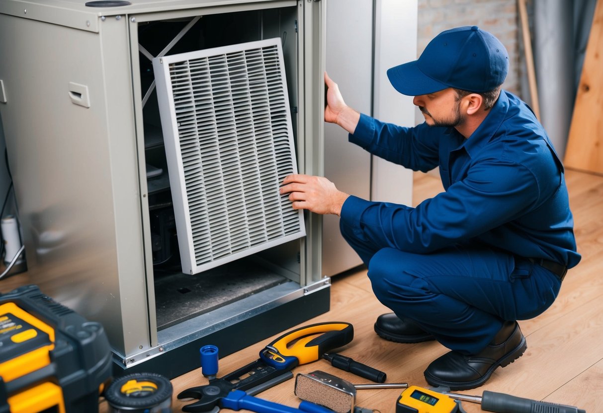 A technician replacing a dirty air filter in an HVAC system, surrounded by tools and equipment