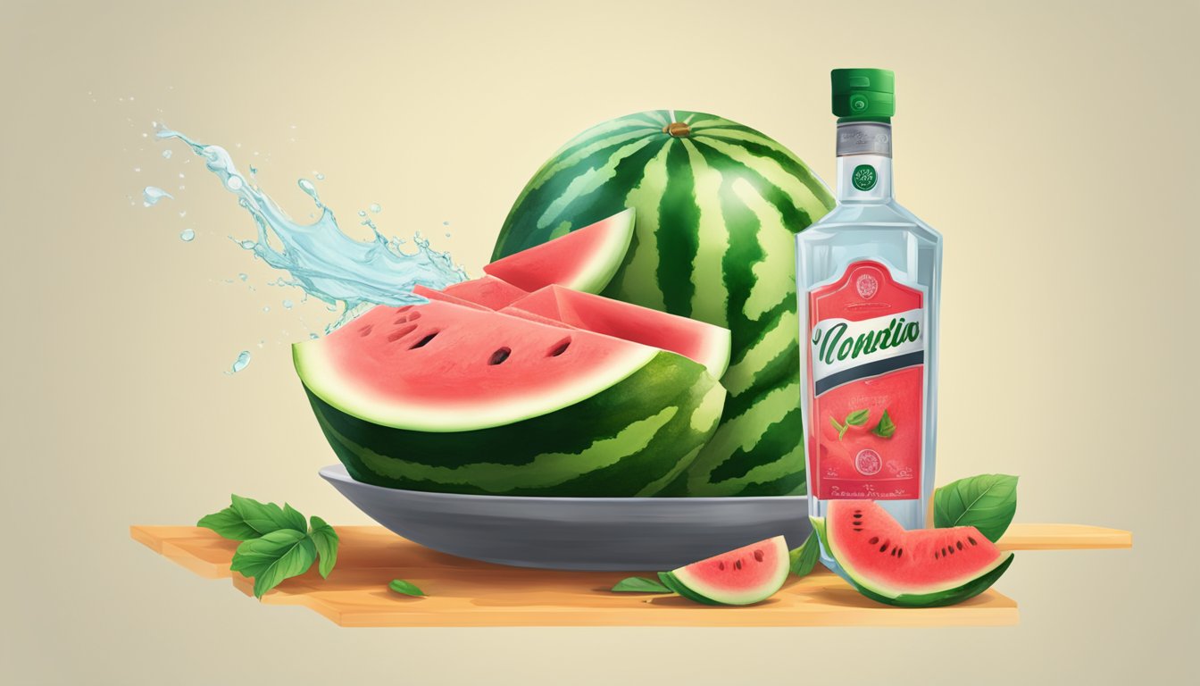 A watermelon being cut open and hollowed out, with vodka being poured into the empty fruit