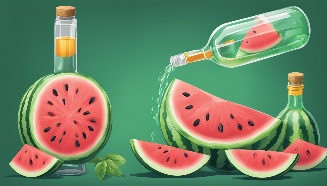 A ripe watermelon being hollowed out and filled with vodka, with a funnel and bottle nearby