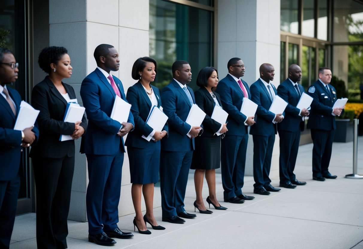 A group of diverse individuals line up outside the NIA headquarters, each holding a folder of documents. They wait patiently as security personnel check their belongings before allowing them to enter the building