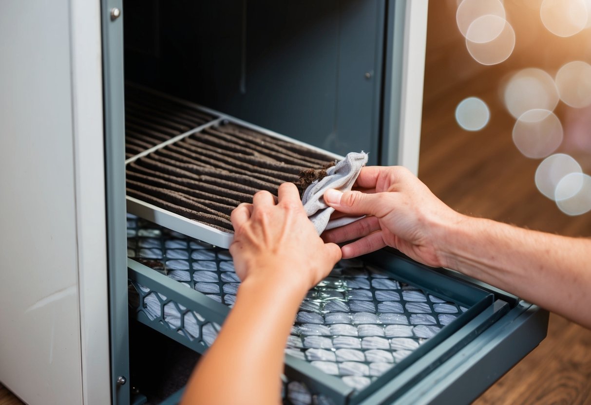 A hand reaches into an open HVAC system, removing a dirty air filter. The filter is then cleaned with water and left to dry before being replaced