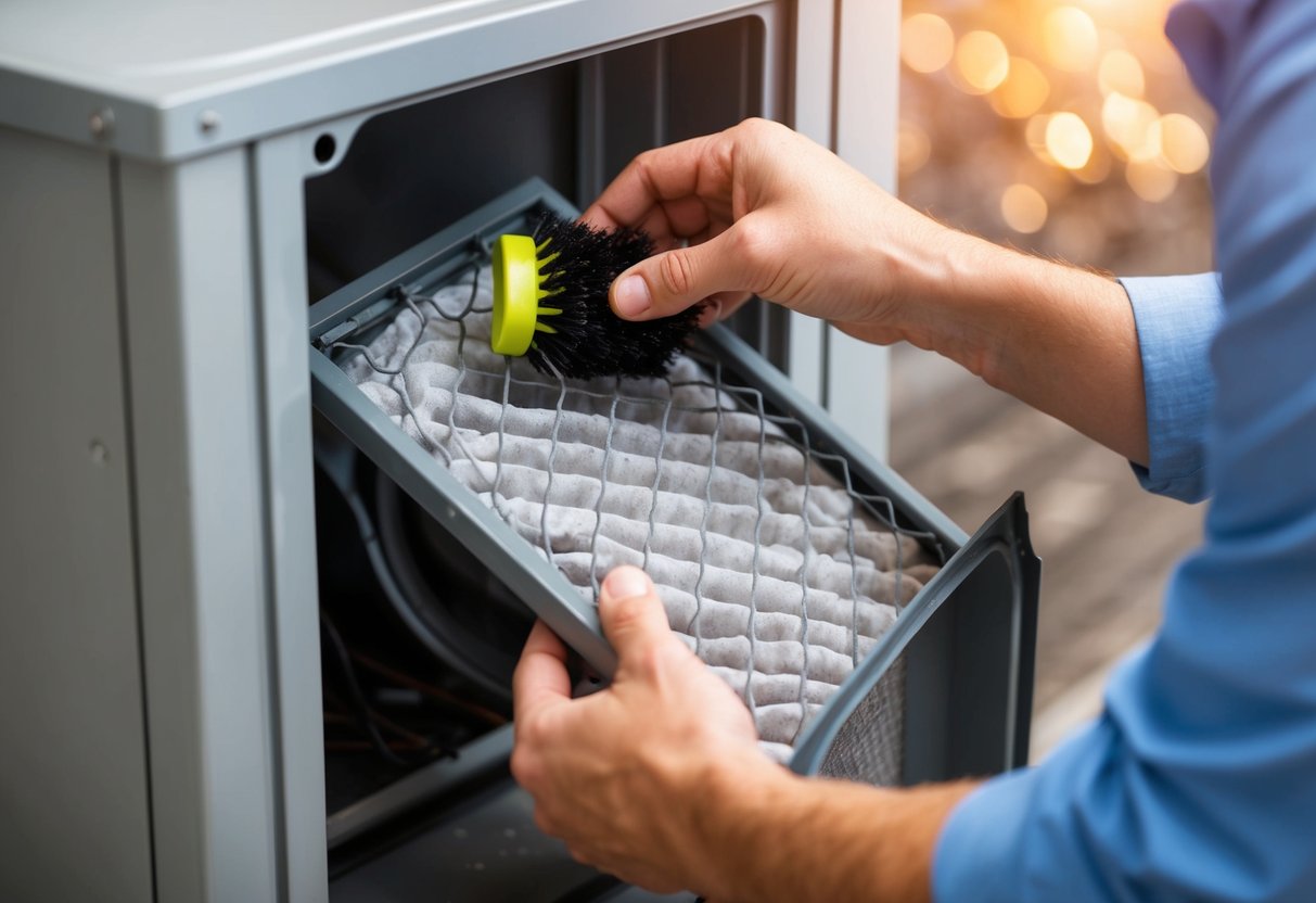 A hand reaching into an HVAC system, removing a dirty air filter, cleaning it with a brush and water, then replacing it back into the system