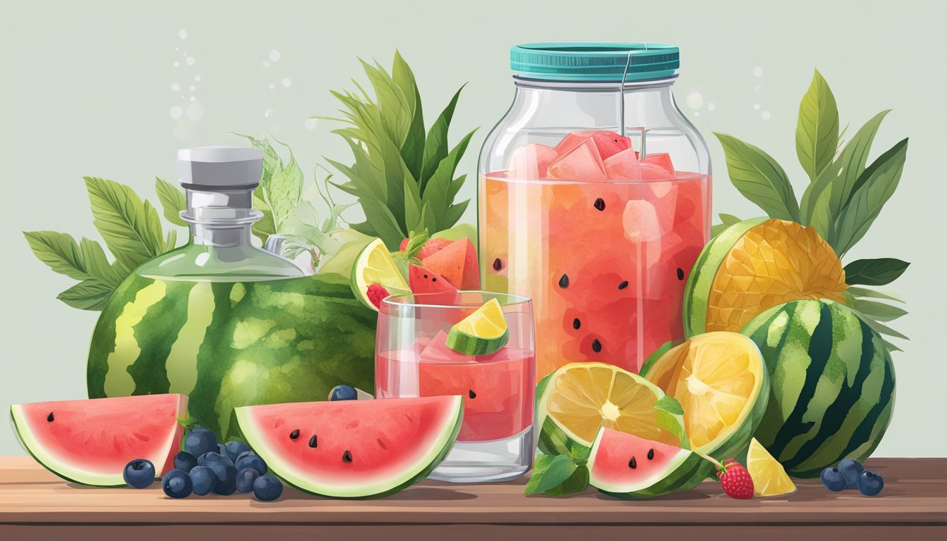 A watermelon being infused with vodka in a glass jar, surrounded by various alternative alcohols and fresh fruit