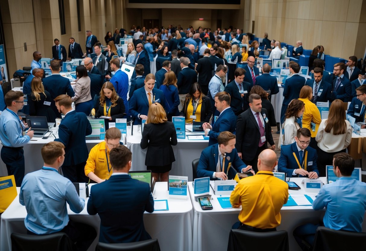 The scene depicts a bustling recruitment event at PGIMER, with people gathered around information booths and engaging in discussions with recruiters