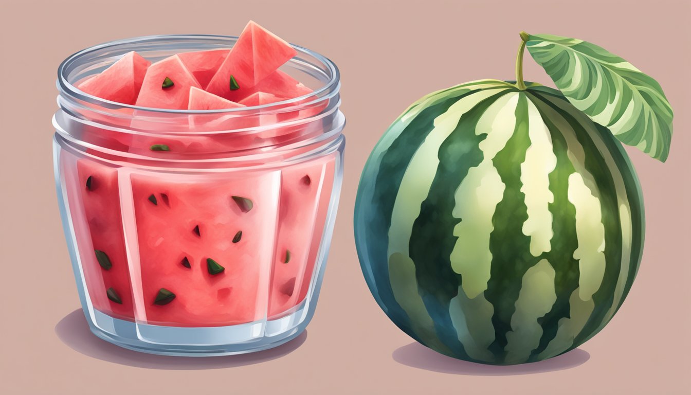 A ripe watermelon being cut into chunks, blended into a smooth puree, and poured into a glass jar