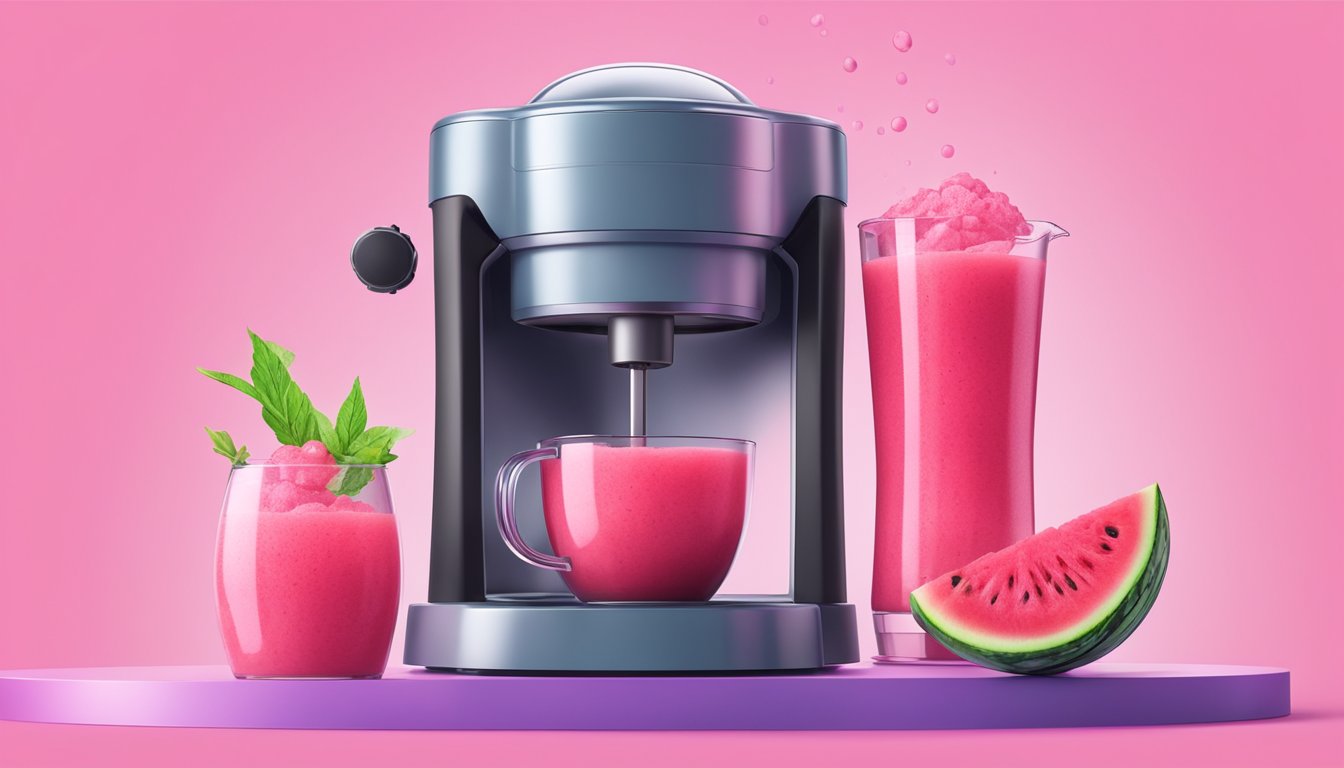 A blender purees watermelon into a smooth, vibrant pink liquid. Juice drips down the sides of the blender as the machine whirs