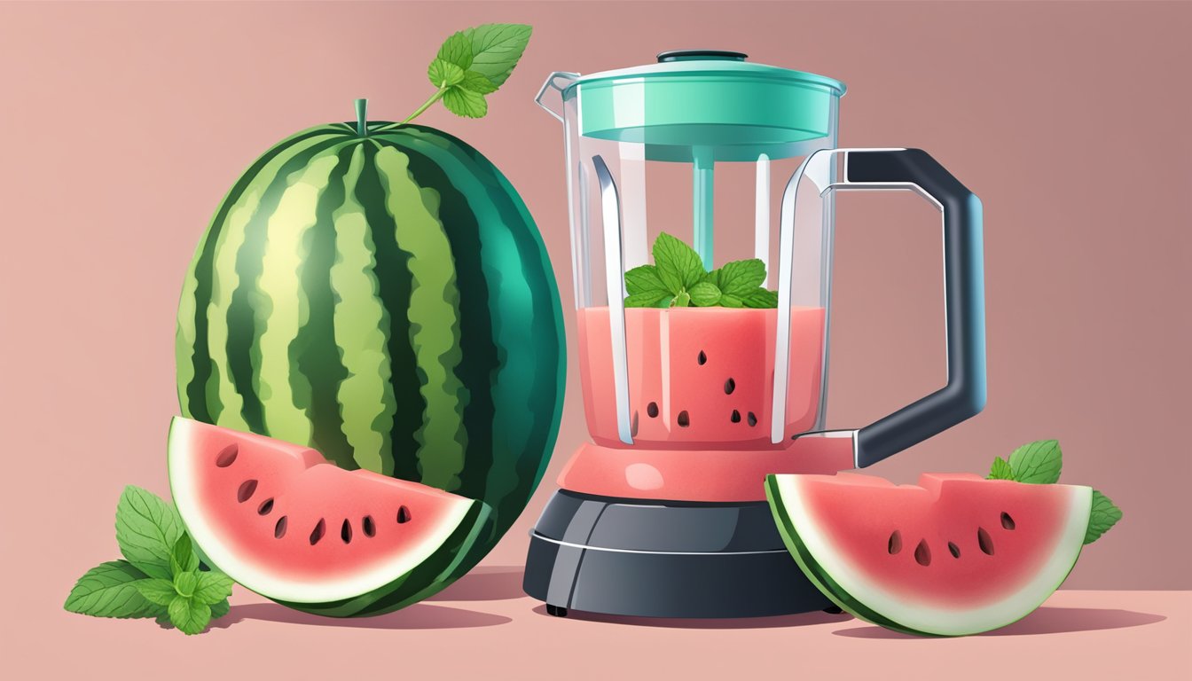 A ripe watermelon being cut open and scooped into a blender, with a few mint leaves nearby for garnish