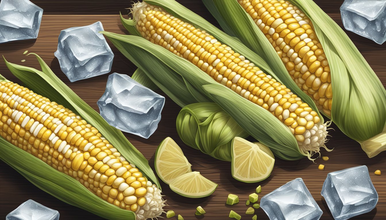 Fresh ears of corn on the cob, some shucked, some still in their husks, sit on a wooden cutting board surrounded by ice cubes as they freeze