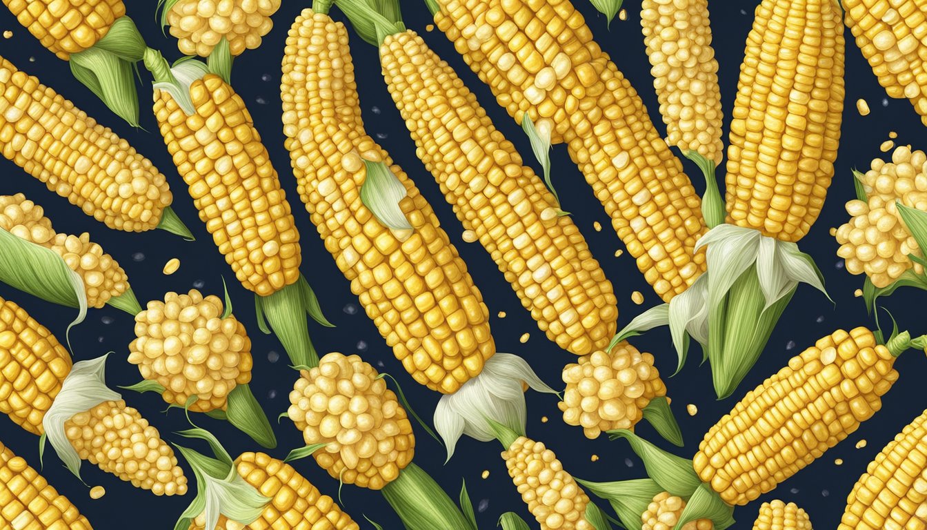 A cob of corn surrounded by frozen corn kernels