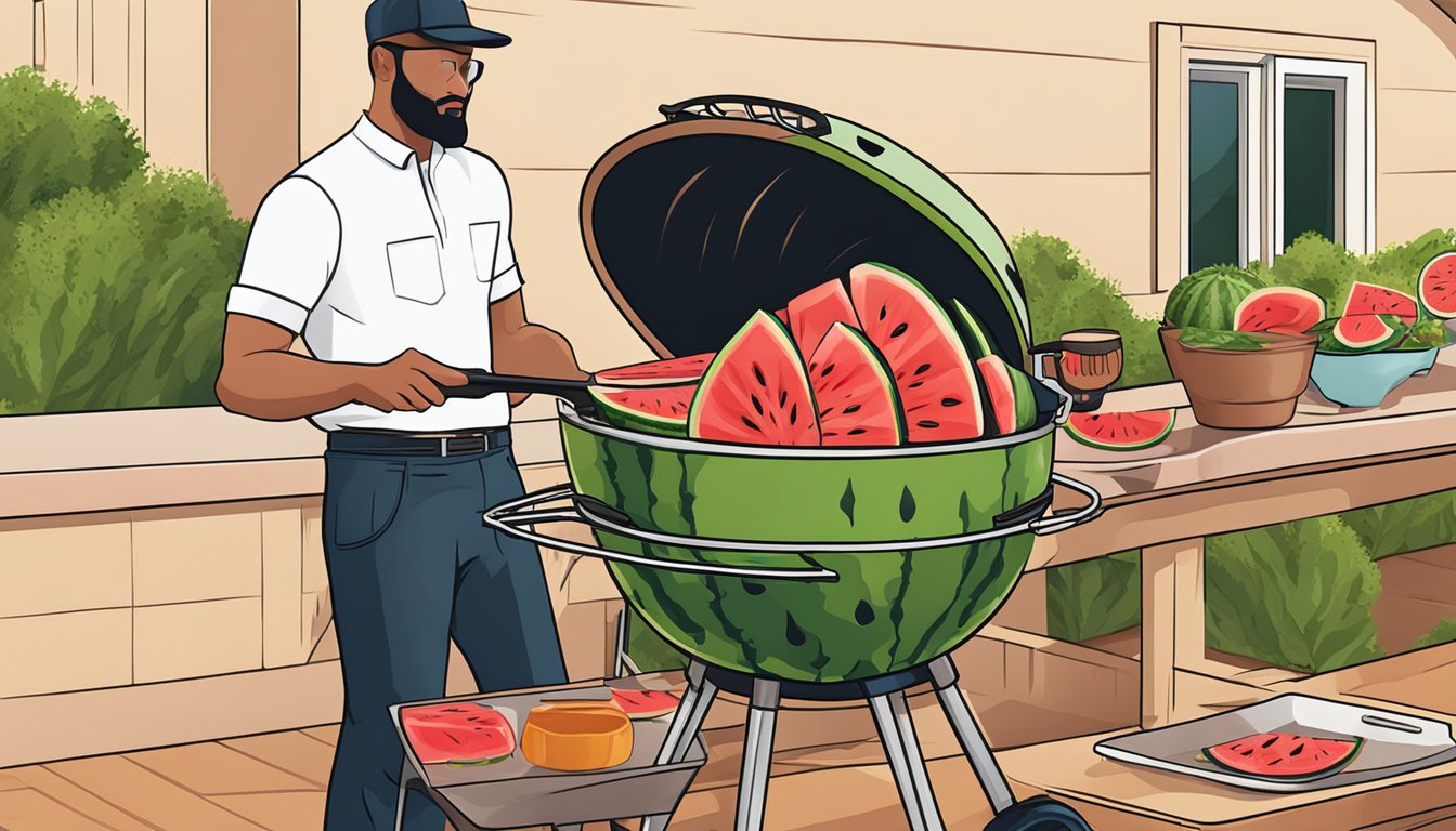 A watermelon being sliced and grilled on a hot barbecue