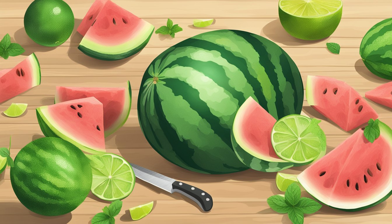 Fresh watermelon, lime, and mint on a wooden cutting board. A knife and juicer sit nearby