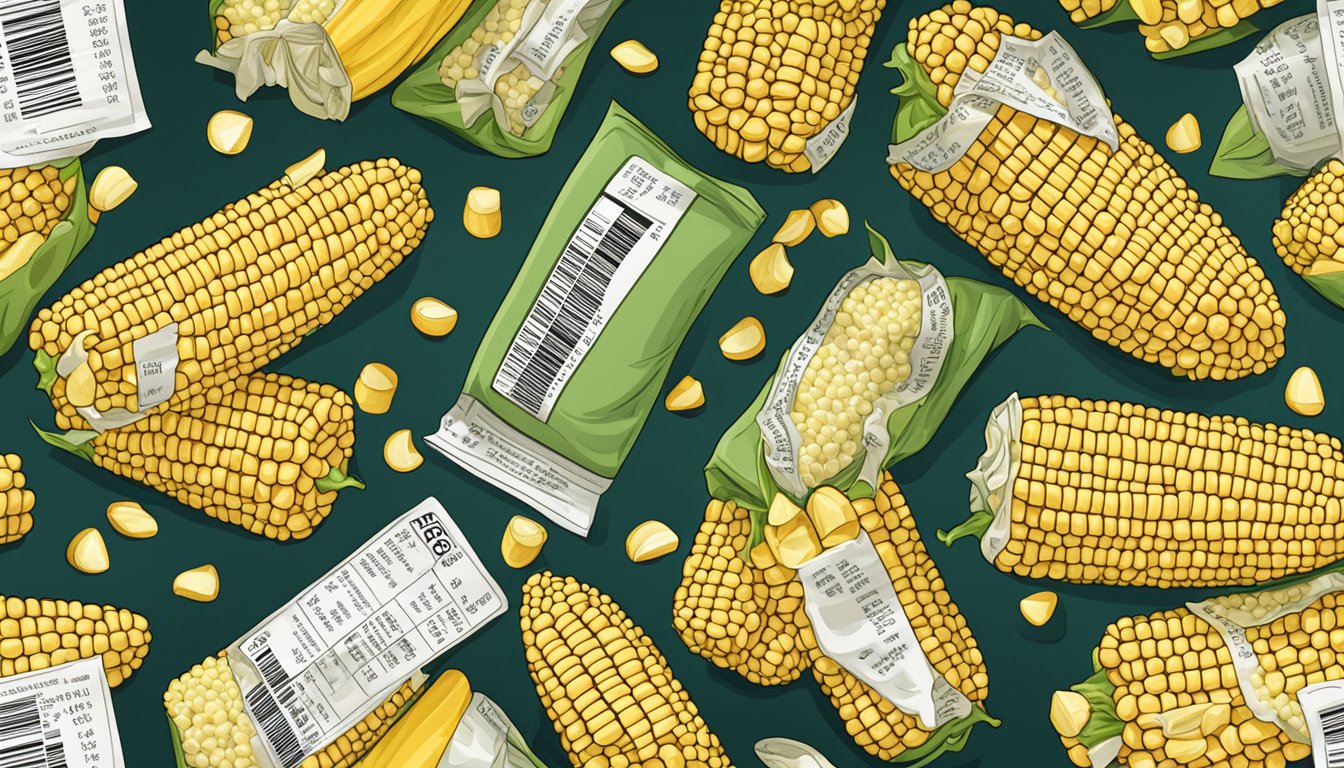 Freshly cut corn on the cob surrounded by scattered kernels, with a nutrition label nearby