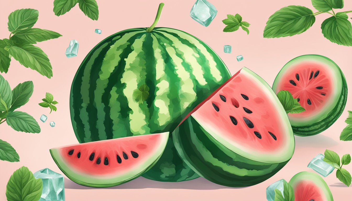 A watermelon being sliced and blended with ice and mint