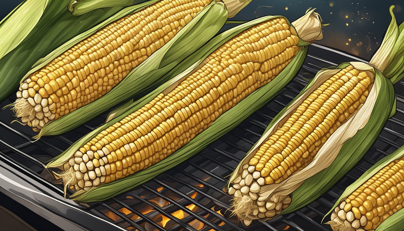 Fresh corn on the cob grilling on a hot barbecue, with the husks pulled back to reveal the golden kernels. The smoke and sizzle add to the anticipation of a perfectly cooked summer treat