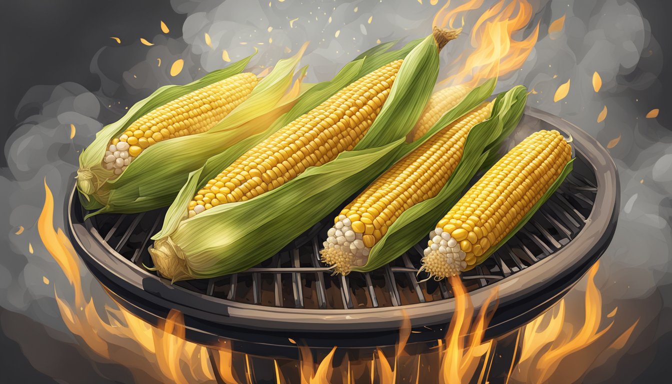 Fresh corn on the cob grilling over a hot flame, with charred grill marks and steam rising