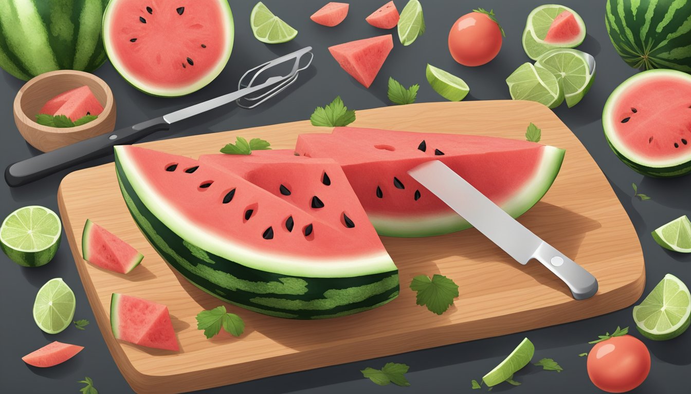 A watermelon being sliced into fry-like shapes on a cutting board, with various ingredients and utensils scattered around