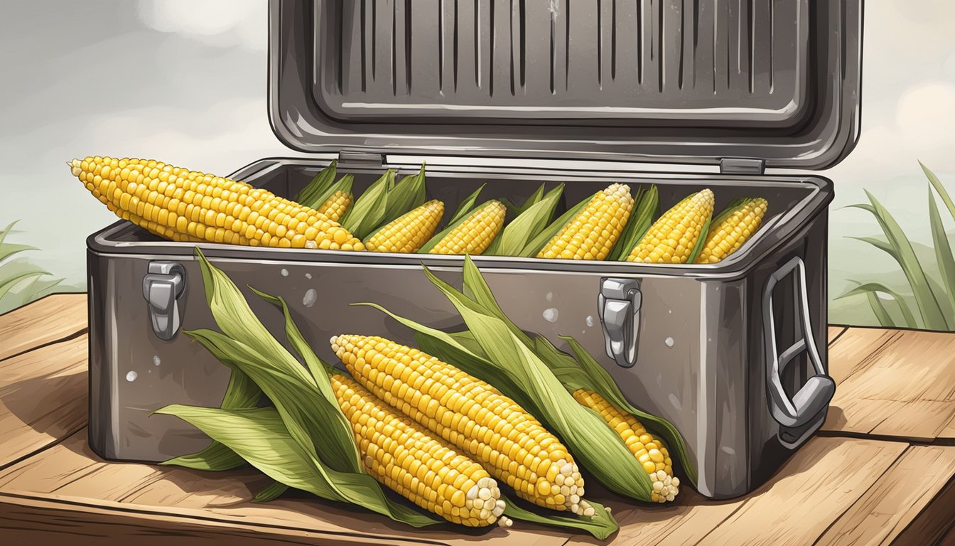 Freshly grilled corn on the cob arranged in a rustic cooler with ice