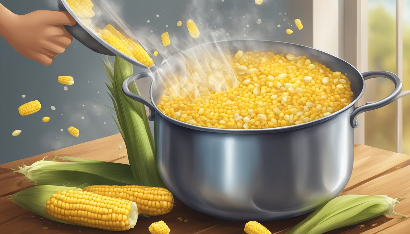 A pot of boiling water with corn on the cob being dropped in