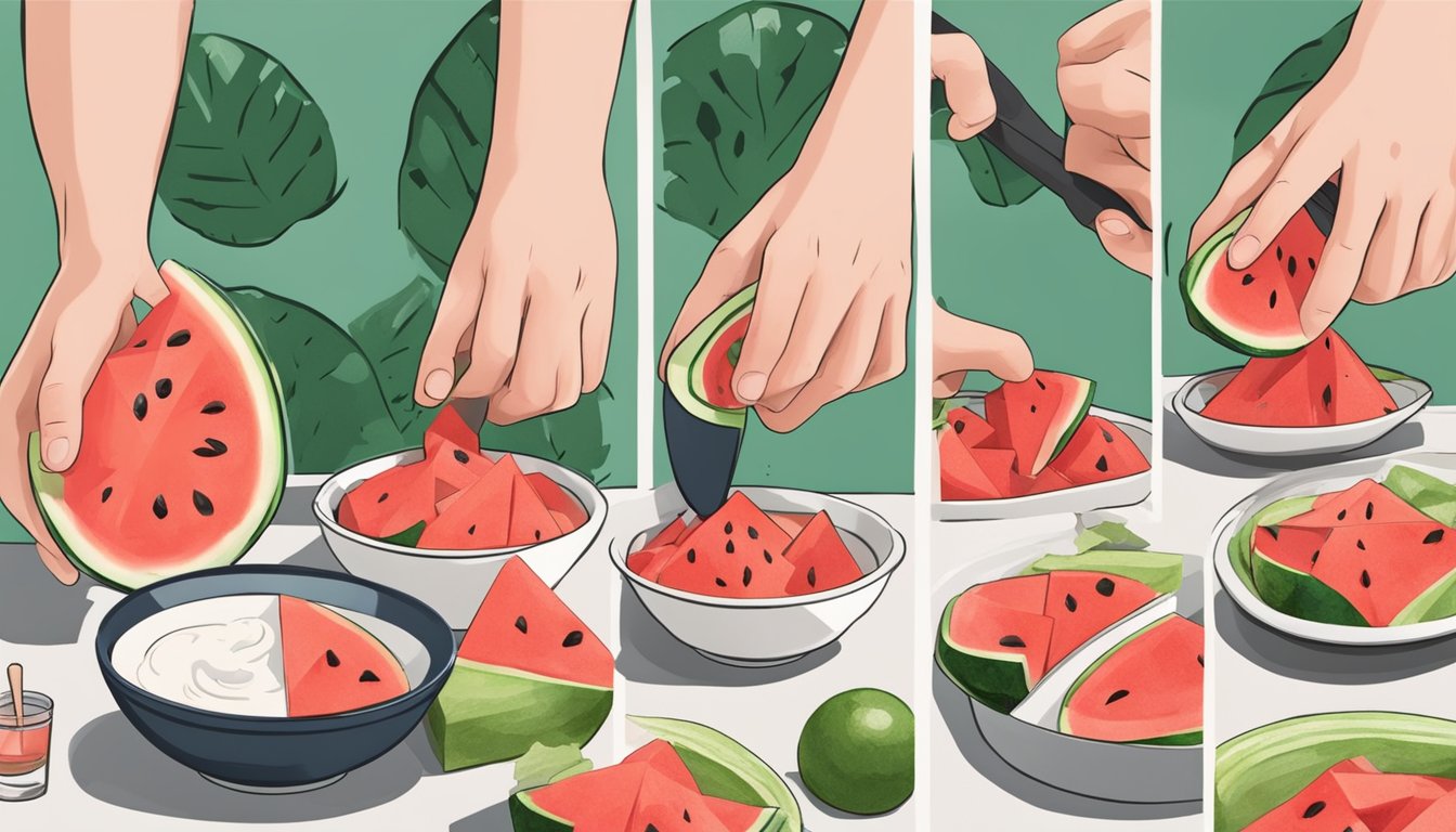 A hand reaching for a watermelon, cutting it into fry-like shapes, then arranging them on a plate with a bowl of dip