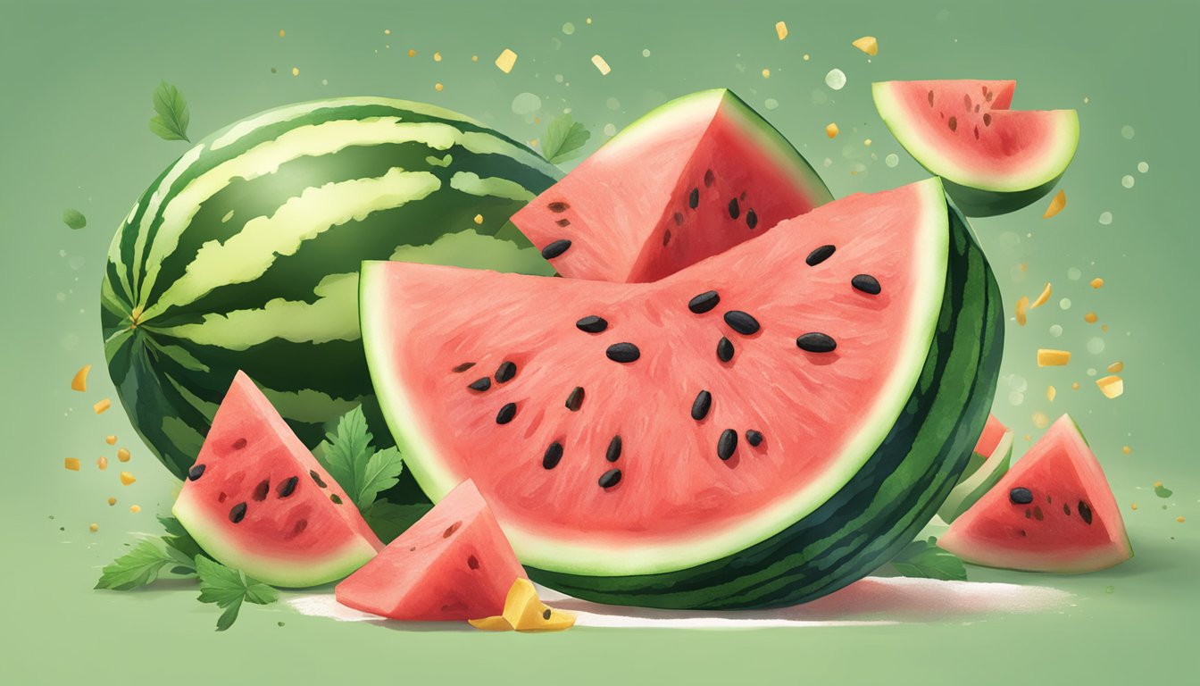 A watermelon being sliced into fry-like shapes and sprinkled with seasoning