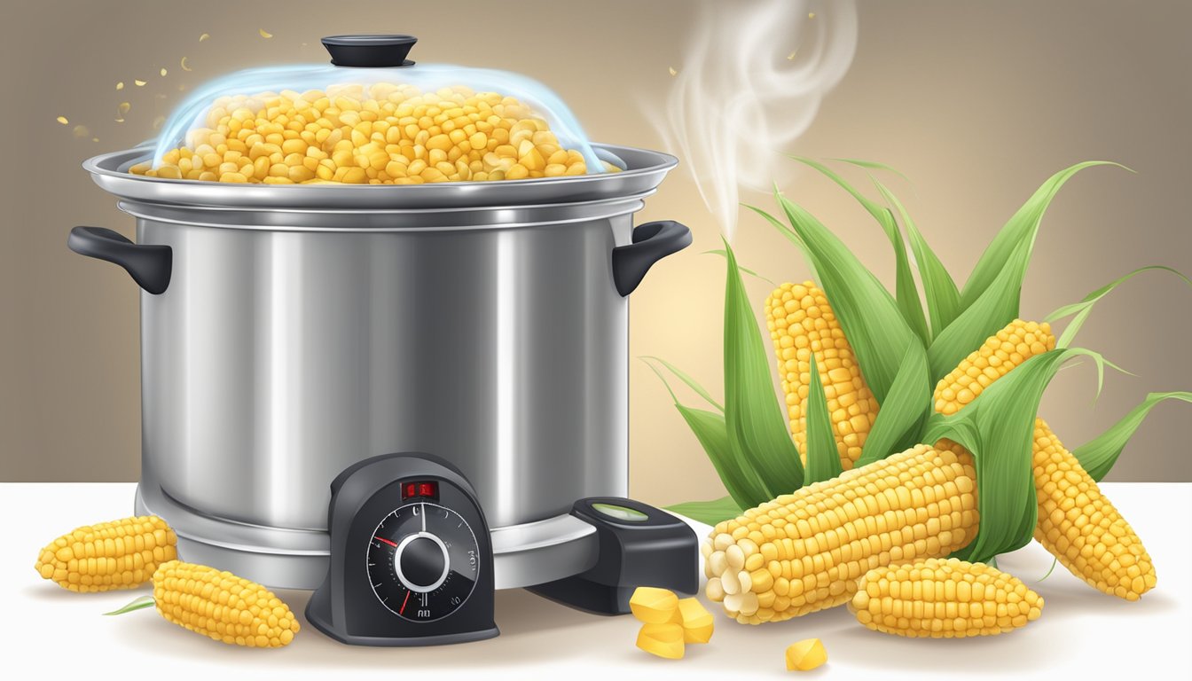 A pot of boiling water with corn cobs nearby and a timer set