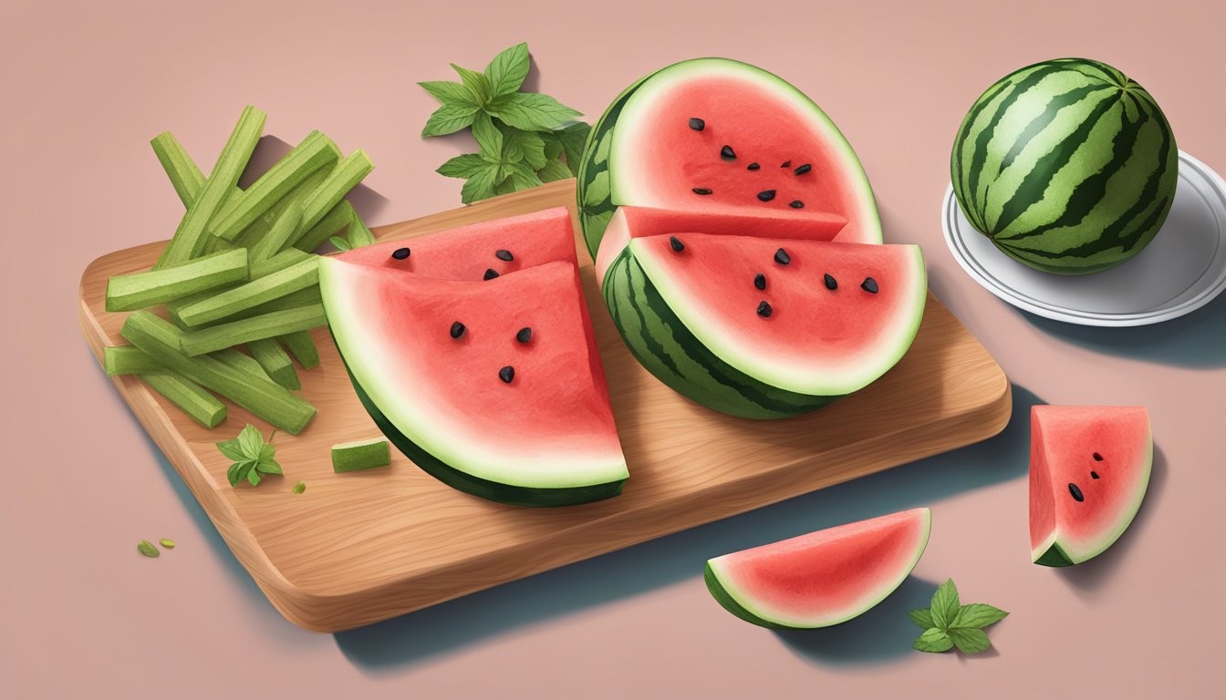 A cutting board with sliced watermelon, a bowl of seasoning, and a plate of watermelon fries