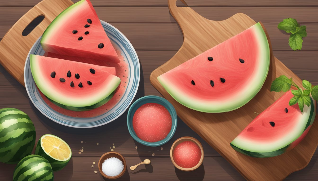 A wooden cutting board with sliced watermelon, a bowl of dipping sauce, and a sprinkle of sea salt