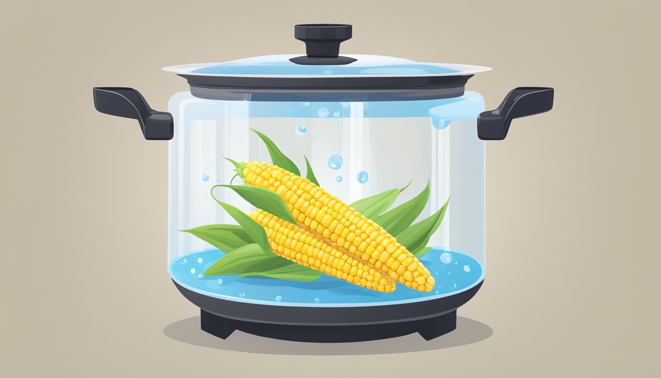 A pot of boiling water with ears of corn floating inside. A timer set for the recommended boiling time