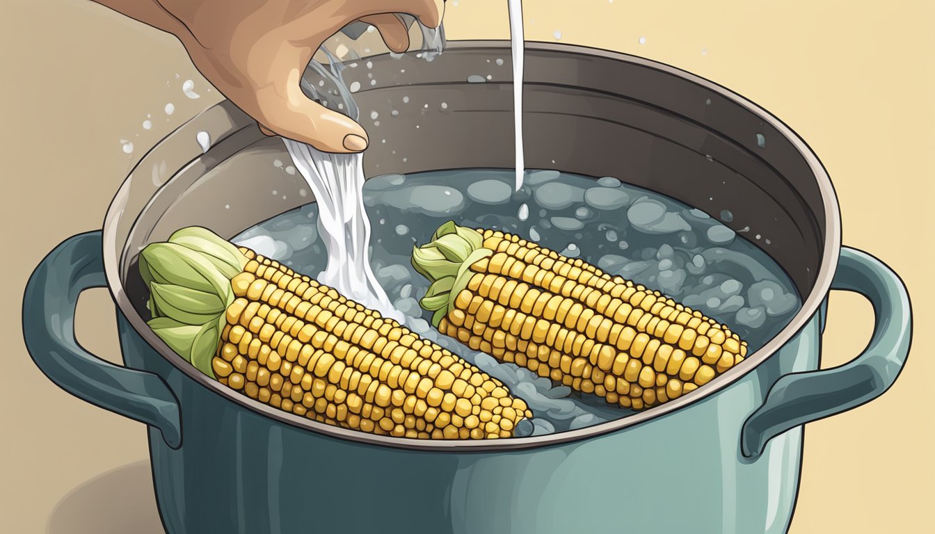 A pot of boiling water with several ears of corn on the cob being carefully lowered in